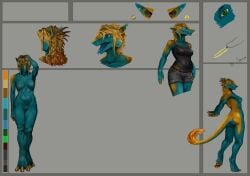 anthro blonde_hair blue_body blue_fur blue_tongue clothed clothing female female_anthro fur genitals glistening glistening_eyes green_eyes hair humanoid_genitalia humanoid_vulva model_sheet mouth_closed navel nipples nude open_mouth pussy sergal silgiriya_mantsugosi solo standing tongue tongue_out vulva yellow_body yellow_fur yellow_nipples