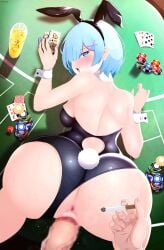 1boy 1girls animal_ears anus ass back backboob bare_shoulders black_leotard blue_eyes blue_hair blush breasts card censored cigarette clothing_aside cubson cup doggy_style drinking_glass fake_animal_ears female glass highres large_breasts leotard leotard_aside looking_at_viewer looking_back open_mouth playboy_bunny poker_chip poker_table pov rabbit_ears rabbit_tail re:zero_kara_hajimeru_isekai_seikatsu rem_(re:zero) sex sex_from_behind short_hair sidelocks table vaginal_penetration wide_hips wrist_cuffs