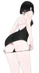 back black_hair black_panties dress highres nail_polish paeder69 panties panties_down panty_pull short_dress sweat thighs