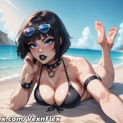 ai_generated bangs barefoot beach bikini black_bikini black_hair blue_eyes blue_sky blunt_bangs blush bracelet breasts cleavage cloud collar collarbone day eyeshadow eyewear_on_head feet feet_up female hi_res high_resolution horizon jewelry large_breasts legs_up lips lipstick looking_at_viewer lying makeup mascara nail_polish o-ring o-ring_bikini ocean on_stomach outdoors parted_lips patreon_username short_hair sky soles solo spiked_bracelet spiked_collar spikes sunglasses swimsuit the_pose toes vexnflex watermark web_address