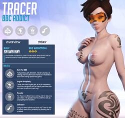 1girls artist_request brown_hair eyewear female gameplay_mechanics overwatch qos qos_tattoo queen_of_spades raceplay text tracer
