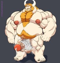 anthro asgore_dreemurr balls bara beard big_balls big_penis boner deltarune disembodied_hand erection facial_hair furry goat handjob horns male male_only musclegut muscles muscular nude overweight paramountgallu penis precum undertale