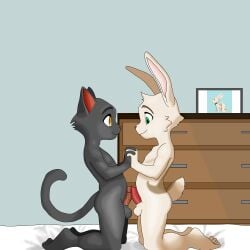 1:1 absurd_res anthro austin_(tamperedimagination) domestic_cat duo felid feline felis frottage genitals hi_res kneeling kneeling_on_bed lagomorph leporid male male/male mammal penile penile_spines penis penises_touching photo rabbit sex tamperedimagination thatcher_(tamperedimagination)