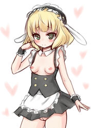 aeg_(mocking6) animal_ears apron blonde_hair blush breasts breasts_out bunny_ears embarrassed fake_animal_ears female fleur_de_lapin_uniform floppy_ears frills gochuumon_wa_usagi_desu_ka? green_eyes hand_in_hair headdress heart kirima_sharo looking_at_viewer maid maid_apron maid_headdress nipples no_panties pussy shirt short_hair skirt small_breasts solo uncensored underbust waist_apron waitress wrist_cuffs