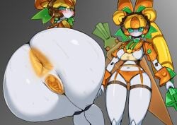 anus ass big_breasts blonde_hair blush blush_lines bodily_fluids breasts butt_focus camel_toe carrot censored censored_genitalia censored_pussy cheerful_bunny clothing digital_drawing_(artwork) digital_media_(artwork) featureless_breasts female food genitals green_eyes grey_background hair holding_object holding_weapon humanoid looking_at_viewer looking_back looking_back_at_viewer machine medarot mosaic_censorship mouthless multiple_angles navel orange_anus orange_clothing orange_panties orange_pussy orange_underwear panties plant pochincoff pussy robot robot_humanoid simple_background solo sweat sweaty_butt sweaty_legs sweaty_thighs twintails_(hairstyle) underwear vegetable weapon white_body white_skin