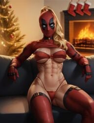 absurd_res ai_generated christmas christmas_outfit christmas_tree deadpool_&_wolverine_(2024) lady_deadpool lingerie marvel marvel_cinematic_universe marvel_comics open_bodysuit red_bodysuit stable_diffusion synth_canvas tagme wanda_wilson