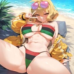 ai_generated anis_(nikke) anis_(sparkling_summer)_(nikke) arrogant beach beach_background bikini blonde_hair cheating eyepatch_bikini flag_bikini goddess_of_victory:_nikke gold_eyes mij ntr pan-african_flag_bikini pan_african_colors short_hair sunglasses sunglasses_on_head