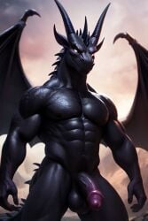 1boy ai_generated anthro balls ballsack black cock dragon erect gay gay_male horns male_only muscular naked nude solo spikes tail wings