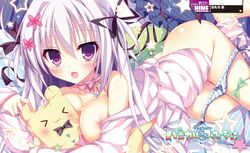 :d absurdres blue_panties bow bow_panties breasts cleavage female grey_hair hair_ornament hanabishi_honoka highres large_breasts lying nipples no_bra off_shoulder on_stomach open_mouth panical_confusion panties panty_pull purple_eyes shiromochi_sakura smile striped striped_panties stuffed_animal stuffed_toy underwear