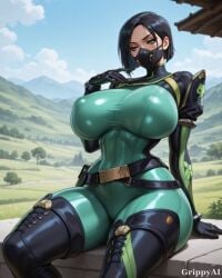 1girl 2d ai_generated anime_style arms_up belt black_bodysuit black_hair bodysuit cleavage curvy detailed_eyes detailed_face face_mask gloves green_bodysuit green_eyes grippyai high_quality huge_breasts large_ass latex_bodysuit looking_at_viewer pose shiny_skin short_hair solo standing tactical_gear thick_thighs tight_clothes