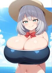 ai_generated bikini blue_eyes female huge_breasts shoulder_length_hair silver_hair sunhat teamrocktgrl tejina_senpai tejina_senpai_(character) tejina_senpai_(series)