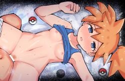 1boy blue_eyes blue_sports_bra blush bottomless breasts breath clothes_lift collarbone commentary_request eyelashes female female_pubic_hair hand_up highres kasumi_(pokemon) kutabireta_neko lying missionary navel nipples on_back one_side_up open_mouth orange_hair outstretched_arm poke_ball_print pokemon pokemon_frlg pubic_hair sex solo_focus sports_bra sports_bra_lift straight sweat trembling