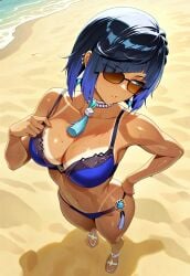 1girls adjusting_bra ai_generated beach black_hair blue_hair breasts earrings feet genshin_impact green_eyes hands_on_hips lipstick mature_female midriff multicolored_hair navel necklace ocean sexy_pose short_hair standing sunglasses sweat tan_body tanline tanned tanned_body tanned_female tanned_skin tinted_eyewear toes vision_(genshin_impact) yelan_(genshin_impact)