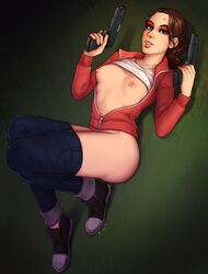 areolae breasts female female_only firearm fizzz handgun human left_4_dead looking_at_viewer nipples shirt_lift solo weapon zoey_(left_4_dead)