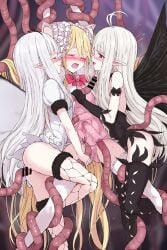 3girls absurdres ahoge airy_(bravely_default) anne_(bravely_second) arms_up ass ass_visible_through_thighs bar_censor between_thighs black_gloves black_leotard black_thighhighs blonde_hair blue_eyes blush bravely_default:_flying_fairy bravely_default_(series) bravely_second:_end_layer butterfly_wings censored closed_eyes commission commissioner_upload consensual_tentacles crossover cum cumdrip defeat ejaculation ejaculation_under_clothes face-to-face fairy fairy_wings frottage girl_sandwich gloves grabbing_another's_breast grabbing_another's_thighs groping gulp5959 hana_koi_(gulp5959) highres insect_wings leg_lock leg_up legs legs_apart leotard long_hair magical_girl moaning molestation multiple_girls open_mouth original pink_leotard pointy_ears rape restrained sandwiched skeb_commission smile standing standing_on_one_leg straddling tentacle tentacles_under_clothes thighhighs thighs vaginal_penetration very_long_hair wet_leotard white_gloves white_hair white_leotard white_thighhighs wings yuri