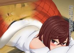 1boy1girl ass ayase_momo black_hair blush brown_hair dandadan ear_piercing face_in_ass fart glasses hair_between_eyes kotatsu looking_back lying on_stomach smell stink_fumes stinky straight takakura_ken_(okarun)