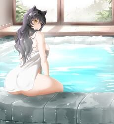 bathhouse black_hair blake_belladonna cat_ears female kimmy77 looking_away robe robe_only wet_hair yellow_eyes