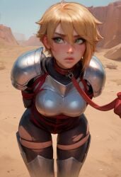 1girls ai_generated blonde_hair bondage captive captured captured_heroine defeated defeated_heroine female knight petite shackles skin_tight thighhighs veve