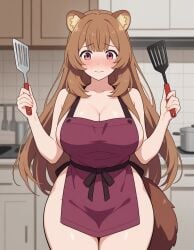 ai_generated brown_hair cleavage large_breasts light-skinned_female naked_apron nekomimi purple_eyes raccoon_ears raccoon_girl raphtalia the_rising_of_the_shield_hero