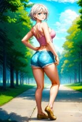 1girls ai_generated anime ass_focus babe backboob beautiful_background blue_eyes breasts bubble_butt casual_clothes curvy cute fairy_tail female_only lisanna_strauss looking_at_viewer looking_back manga miniskirt nature park picnic pink_shirt sexy short_hair_female skirt stable_diffusion thick_thighs toongenai trees white_hair witch yellow_shoes