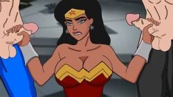 amazonian batman batman_(series) biting_lip biting_own_lip bruce_wayne clark_kent dc dc_comics diana_prince dual_handjob female handjob human kal-el kryptonian masturbation superman superman_(series) wonder_woman wonder_woman_(series)