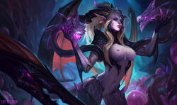 1girls armor blonde_hair breastplate breasts cleavage collarbone costume cute_fang dragon dragon_girl dragon_horns dragon_sorceress_zyra dragon_tail dragon_wings dragon_world_series elbow_gloves eyelashes fangs forehead_jewel gloves hair_ornament highres horn horns large_breasts league_of_legends liquidshadow long_hair mini_dragon monster monster_girl navel nipples nude_filter open_mouth pink_lips pointy_ears ponytail pubic_hair purple_eyes purple_lips purple_skin pussy reptile scales scalie slit_pupils smile spread_wings stomach tail thigh_gap very_long_hair wings zyra