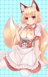 :> animal_ears apron aqua_background areolae arm_support arm_up bangs black_ribbon blonde_hair blush bow breasts breasts_out closed_mouth collared_dress commentary_request cross-laced_clothes detached_collar dress female fox_ears fox_girl fox_shadow_puppet fox_tail frilled_apron frilled_dress frilled_sleeves frills hair_ornament hairbow hairclip heart heart_hair_ornament highres jewelry juliet_sleeves leaning_back long_sleeves maid maid_apron medium_breasts no_shoes pantyhose pendant pink_dress pink_eyes plaid plaid_background plaid_bow pointy_hair puffy_sleeves red_bow ribbon shiny shiny_hair shiny_skin short_sleeves sidelocks sitting smile sogaya solo tail two_side_up underbust waist_apron wariza white_apron white_bow white_legwear white_ribbon