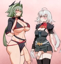 2futa angry annoyed arms_behind_back belt bikini blush breasts caesar_king clenched_hands clothes_writing cosplay costume_switch cowlick crossover fate/grand_order fate_(series) flaccid futa_on_female futa_with_female futanari green_hair hair_between_eyes hair_ornament height_difference horn_ornament horns huge_breasts huge_cock hung_futanari jacket jean jeanne_alter jeanne_alter_(swimsuit_berserker) jeanne_d'arc_(fate) large_penis long_hair looking_at_another looking_at_penis multiple_futa multiple_girls penis penis_size_difference pout size_comparison size_difference smile smug someone19912 star_(symbol) sweat swimsuit tall_female thick_thighs thighhighs thighs variant_set white_hair wide_hips yellow_eyes zenless_zone_zero