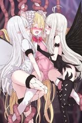 3girls absurdres ahoge airy_(bravely_default) anne_(bravely_second) arms_up ass ass_visible_through_thighs between_thighs black_gloves black_leotard black_thighhighs blonde_hair blue_eyes blush bravely_default:_flying_fairy bravely_default_(series) bravely_second:_end_layer butterfly_wings closed_eyes commission commissioner_upload crossover defeat face-to-face fairy fairy_wings girl_sandwich gloves grabbing_another's_breast grabbing_another's_thighs groping gulp5959 hana_koi_(gulp5959) highres insect_wings leg_lock leg_up legs legs_apart leotard long_hair magical_girl moaning molestation multiple_girls open_mouth original pink_leotard pointy_ears restrained sandwiched skeb_commission smile standing standing_on_one_leg straddling tentacle tentacles_under_clothes thighhighs thighs very_long_hair white_gloves white_hair white_leotard white_thighhighs wings yuri