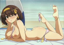 ass barefoot beach between_toes bikini blush bracelet breasts brown_eyes brown_hair condom feet female foot_hold full_body hairband haruhisky highres jewelry large_breasts legs_up looking_at_viewer lying nipples on_stomach one_eye_closed shiny shiny_skin soles solo summer surfboard suzumiya_haruhi suzumiya_haruhi_no_yuuutsu swimsuit the_pose toes used_condom