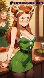 1girls 2025 ai ai_assisted ai_generated anime anime_girl anime_style antlers arm_support artist_name average_breasts bare_shoulders belt belt_buckle blush breast breasts breasts breasts brown_hair bust chair chest christmas cleavage collarbone critical_role critical_role:_vox_machina desk dress electroworld english_text female food green_dress green_eyes hi_res high_quality high_resolution highres keyleth long_hair medium_boobs medium_breasts normal_boobs normal_breasts nose_blush on_desk on_table open_mouth pantyhose patreon patreon_username pointy_ears reindeer_antlers sitting sitting_on_desk stable_diffusion table the_legend_of_vox_machina vox_machina watermark wavy_mouth wooden_table