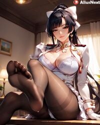 1girls ai_generated aliusnext azur_lane black_hair feet feet_focus female foot_fetish foot_focus footwear high_quality high_resolution highres legwear long_hair pantyhose patreon ponytail seductive soles stockings tagme takao_(azur_lane) takao_(kantai_collection) taller_girl thong uniform yellow_eyes