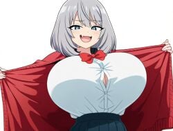 ai_generated blue_eyes female huge_breasts looking_at_viewer revealing_breasts schoolgirl_uniform shoulder_length_hair silver_hair teamrocktgrl tejina_senpai tejina_senpai_(character) tejina_senpai_(series)