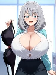 ai_generated blue_eyes bra female huge_breasts office office_lady shoulder_length_hair silver_hair teamrocktgrl tejina_senpai tejina_senpai_(character) tejina_senpai_(series)