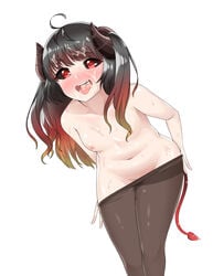 black_sclera blush breasts demon female heart-shaped_pupils horns nipples red_eyes spicy_moo stockings tagme tail white_background