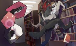 2017 against_wall animal_genitalia animal_penis anthro black_fur canine canine_penis close-up closed_eyes cum cum_in_pussy cum_in_uterus cum_inside drmax female fur furry hair impregnation inset internal knot knotting legs_up library male mammal nude ovum penetration penis pussy raccoon red_hair sex straight vaginal_penetration x-ray