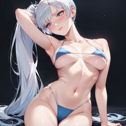 ai_generated bikini blue_eyes japaia looking_at_viewer posing rwby tagme underboob weiss_schnee white_hair