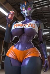 1robot_girl absurd_res ai_generated cameltoe ecchi glowing_eyes hi_res highres hooters looking_at_viewer low-angle_view purple_body purple_eyes purple_skin roger1011 short_shorts transformers transformers_prime underboob