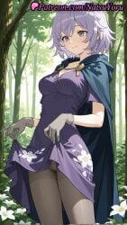 1girls ai_generated anime anime_style bangs black_pantyhose blush breasts bust busty cameltoe cape cleavage cloak closed_mouth clothes_lift cowboy_shot day dress dress_lift female female_focus female_only floral_print flower forest gloves green_cape grey_eyes grey_gloves grey_hair grey_pantyhose hentai hi_res high_quality high_resolution highres hood hood_down hooded_cape hooded_cloak lifted_by_self looking_at_viewer medium_breasts natsuyoru nature oc original original_character outdoors panties panties_under_pantyhose pantsu pantyhose patreon plant purple_dress purple_hair short_hair short_sleeves smile solo solo_female standing tree underwear voluptuous voluptuous_female white_flower