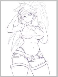 big_breasts blinking breasts clothing commission dragon_ball dragon_ball_super dragon_ball_xenoverse dragon_ball_z female female_focus female_only female_saiyan girl long_hair original_character panties ponytail saiyan saiyan_girl serena_(dragon_ball) short_shorts shorts sketch thick_thighs top