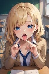 2d ahe_gao ai ai_generated anime blonde_female blonde_hair blue_eyes cartoon cute_face female hentai highschool luna_aiko neko school school_sex student teacher_and_student