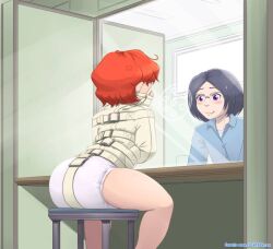 2d 2girls ass black_hair blue_shirt bondage diaper glasses muzzle original purple_eyes red_hair shirt short_hair sitting_on_stool stool straitjacket thepaddedroom undershirt