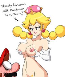 1boy 1girls areolae big_breasts blonde_hair blonde_pubic_hair blue_eyes blush breasts breasts_grab brown_hair cap crown earrings elbow_gloves english_text eyebrows_visible_through_hair female fungi_fauna gloves grey_eyes half-closed_eyes hat holding_breast jiggling lips lipstick male mario mario_(series) mergeritter motion_lines mustache new_super_mario_bros._u_deluxe nintendo nipples nude nude_female pale_skin peachette pigtails pubic_hair red_face smile super_crown super_mario_bros. sweatdrop teeth text toadette video_games white_background wide_hips