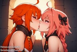 2boys ai_generated astolfo_(fate) fate/grand_order fate_(series) femboy femboy_on_femboy gay kissing lustyren otoko_no_ko pink_eyes pink_hair rama_(fate/grand_order) red_eyes red_hair yaoi