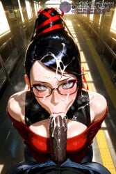 1boy :>= _dark_skin ai_generated bare_shoulders bayonetta bayonetta_(character) black-framed_eyewear black_hair blue_eyes blush breasts clothed_sex clothing_cutout cum cum_in_mouth cum_on_clothes cum_on_eyewear cum_on_hair cum_overflow dark-skinned_male dark_penis dark_skin ejaculation erection eyeshadow facial fellatio female from_above glasses grey_eyes hair_ribbon heart heart-shaped_pupils heart_in_eye indoors interracial kneeling large_breasts large_penis lips lipstick long_hair looking_at_viewer makeup male_pubic_hair meitabuu mole mole_under_mouth off-shoulder_sweater off_shoulder open_fly oral penis penis_out pov pov_crotch pubic_hair red_ribbon red_sweater ribbon saliva sega solo_focus straight sweat sweater swept_bangs symbol-shaped_pupils symbol_in_eye uncensored veins veiny_penis