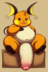 ai_generated anthro anthro_only big_belly big_thighs brown_eyes chubby_anthro chubby_male dad_bod feet foot_fetish foreskin foreskin_folds huge_cock hyper_dick hyper_penis man_boobs not_fully_erect orange_fur orange_hair paw_fetish paws pokemon pokemon_(game) pokemon_(species) raichu sitting_down white_belly white_dick