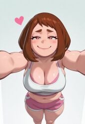 ai ai-created ai_art ai_assisted ai_generated big_ass big_breasts boku_no_hero_academia dolphin_shorts female female_only heart-shaped_pupils hugging my_hero_academia ochako_uraraka shorts staring_at_viewer tank_top thick_thighs
