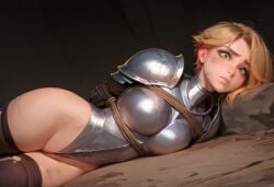 1girls ai_generated blonde_hair bondage captive captured captured_heroine defeated defeated_heroine female knight petite shackles skin_tight thighhighs veve