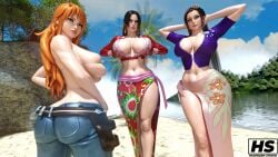 3d 3girls ass big_ass big_breasts boa_hancock breasts curvaceous curvy curvy_female curvy_figure female female_only hagiwara_studio muscular muscular_female nami_(one_piece) nico_robin one_piece thick_thighs