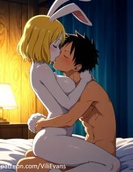 1boy1girl 1girl1boy big_breasts black_hair blonde_female blonde_hair bunny_girl carrot_(one_piece) furry_female kissing monkey_d_luffy naked on_bed one_piece rabbit_ears rabbit_girl rabbit_humanoid vilievans white_body white_fur white_skin